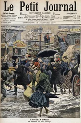 Inverno a Parigi: i piccioni camminano nella neve sciolta e le diligenze dei passanti. Incisione sulla prima pagina del Petit Journal