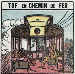 Telefonia senza fili: T.S.F. in un vagone ferroviario. Illustrazione anonima del 1925. Collezione privata.
