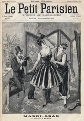 Donne che preparano il loro travestimento dietro uno schermo e uomo che prova la sua maschera a forma di tubo di elefante per il Ballo in Maschera del Carnevale.