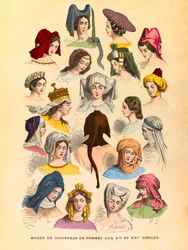 Acconciature femminili nel XV e XVI secolo, incisione - collezione privata