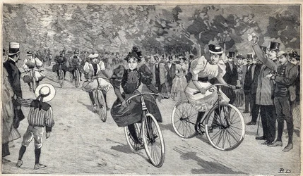 Corsa femminile di velocipedisti al Bois de Boulogne vicino a Parigi. Incisione in "Le Petit Parisien" del 25/06/1893