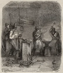 Forze operaie al Bagne di Rochefort nel XIX secolo. Incisione in "Histoire des bagnes depuis leur création à nos jours" (1877) di Pierre Zaccone (1817-1895). Collezione privata.