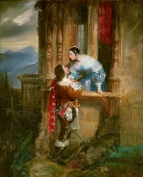 Giovane che corteggia una dama sul suo balcone. Illustrazione per "Romeo e Giulietta" di William Shakespeare