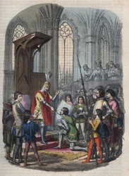Investitura - Arturo I, Duca di Bretagna o Arturo Plantageneto, dopo aver preso Gournay-en-Bray, viene investito cavaliere da Filippo II o Filippo Augusto