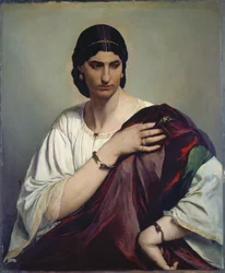 Lucrezia Borgia; Ritratto di una donna romana in tunica bianca e veste rossa