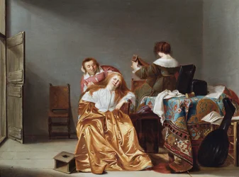 Interno con donna alla toilette (olio su tavola)