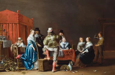 Un interno con nove figure intorno a un tavolo (olio su tavola)