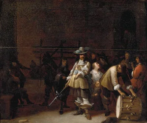 Interno di una guardia con un cavaliere che conversa con un tamburino