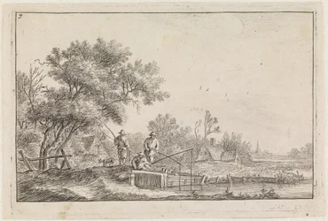 Tre pescatori sul ponticello (n. 7 di una serie di 12 stampe)