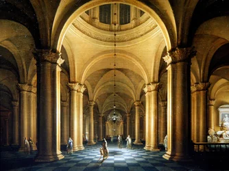 Interno di chiesa notturno con figure eleganti