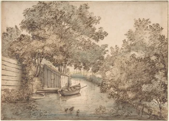 Canale con una barca e anatre