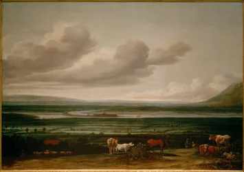 Paesaggio del Basso Reno vicino a Kleve con la fortezza Schenkenschanz, Hoch e Niederelten