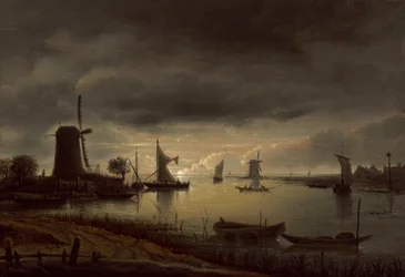 Scena fluviale con mulino a vento e barche, sera