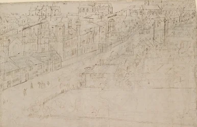 Panorama di Londra visto da Southwark: Borough High Street con St Mary Overy, 1554