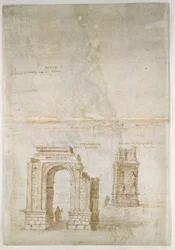 Recto: Vista panoramica di Tarragona dal sud (verso il mare) Verso: Schizzi di rovine romane a Tarragona e di una fortezza