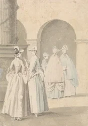 Donne accanto a una colonna e un