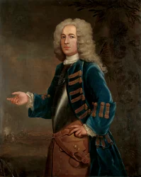 Ritratto di Henry Boyle, Capitano dei Cavalli, in un paesaggio, con una battaglia sullo sfondo, 1730