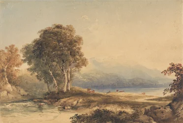 Paesaggio montuoso con lago e ruscello