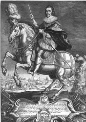 Ritratto equestre di George Villiers (1592-1628) 1° Duca di Buckingham, inciso da Willem de Passe (1598-1637) 1625