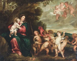 La Madonna col Bambino in un paesaggio salutato dal Battista bambino e dagli angeli (olio su tela).