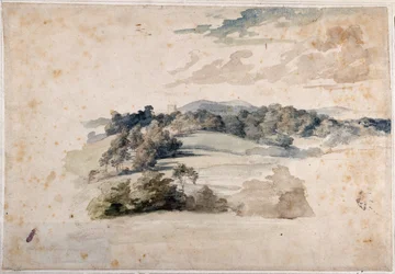 Paesaggio inglese di prati e colline boscose (matita e acquerello su carta)