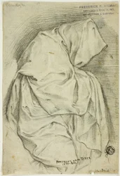 Drappeggiato con figura incappucciata (recto); due schizzi di cigni in acqua (verso)