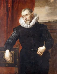 Ritratto di Frans Snyders, a mezzo busto, in abito nero, appoggiato a una sedia, un paesaggio sullo sfondo