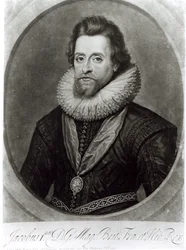 Ritratto di Giacomo I dopo un miniatura di Nicholas Hilliard del 1617, inciso da George Vertue