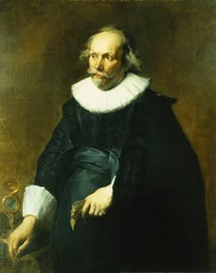Ritratto di un gentiluomo, a tre quarti, con costume nero, colletto e polsini bianchi, accanto a un tavolo con un orologio