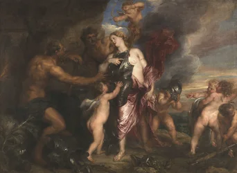 Teti riceve la nuova armatura per Achille nella fucina di Vulcano