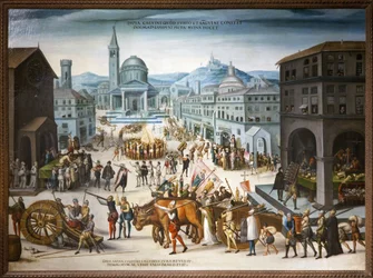 Sacco di Lione da parte dei calvinisti nel 1562. Atti iconoclastici protestanti contro il culto delle immagini religiose della Chiesa cattolica. Durante la prima guerra di religione, le riforme guidate dal Barone des Adrets presero il Municipio e i centri 