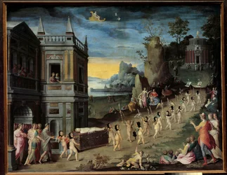 Allegoria: il funerale di Amore Un corteo funebre che trasporta il corpo di Eros è diretto verso il tempio di Venere. Dipinto della bottega di Antoine Caron (1521-1599)