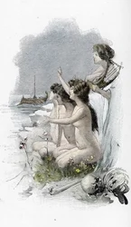 Odissea di Omero: Canto XII: Odisseo e le sirene che cantavano una canzone incantevole che normalmente faceva dirigere i marinai verso le rocce, solo per colpirle e affondare, illustrazione di Antoine Calbet per L