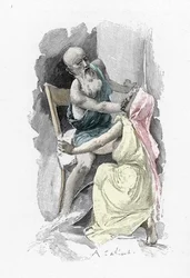 Odissea di Omero: Canto 19 "Ulisse travestito da mendicante obbliga la vecchia Euriclea che lo ha riconosciuto a tacere" Illustrazione di Antoine Calbet