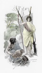 Odissea di Omero: canto XIII: Atena travestita da giovane pastore accoglie Ulisse a Itaca Illustrazione di Antoine Calbet per 