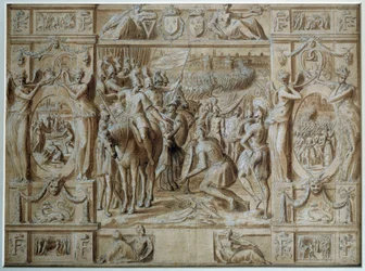 La Sottomissione di Milano Le truppe di Francesco I presero la città di Milano dopo la vittoria alla Battaglia di Marignano nel 1515. Disegno a penna e acquerello di Antoine Caron (XVI secolo) Parigi, Museo del Louvre
