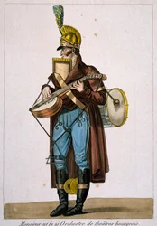 Musicista di strada, incisione di Carle Vernet, Francia