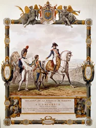 Frontespizio del resoconto della Battaglia di Marengo del 14 giugno 1800: Il maresciallo Berthier mostra la strategia della battaglia a Napoleone I. Illustrazione di Antoine Dit Carle Vernet (1758-1836)
