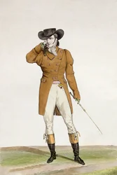 Un dandy vestito con un cappello a forma di barca, una giacca color camoscio e pantaloni di pelle di daino, tavola 1 dalla serie di stampe di moda 