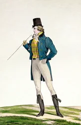 Un Dandy con cappello Robinson, riccioli infantili, pantaloni a maglia e stivali da equitazione, tavola 5 della serie Incroyable et merveilleuse di tavole di moda, inciso da Georges Jacques Gatine