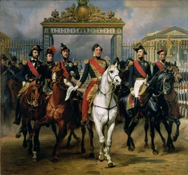 Re Luigi Filippo (1773-1850) di Francia e i suoi figli che lasciano il castello di Versailles a cavallo, 1846