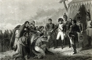 Gli spagnoli sconfitti prostrati davanti a Napoleone prima del suo ingresso a Madrid, dicembre 1808