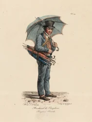 Il Venditore di Ombrelli e Parasoli, numero 23 dalla serie Le Grida di Parigi, inciso da François Séraphin Delpech