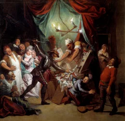 Don Chisciotte distrugge i burattini che crede siano mori. «Don Chisciotte della Mancia» di Miguel de Cervantes Saavedra (1547-1616).