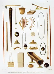 Utensili domestici e armi delle Isole Marianne, da Voyage autour du Monde (1817-20), di Louis Claude Desaulses de Freycinet, inciso da Jean Louis Denis Coutant