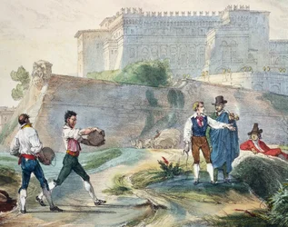 Giocando a ruzzica, litografia a colori da Un anno a Roma e dintorni