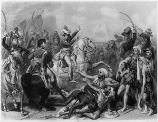 Napoleone Bonaparte alla battaglia delle Piramidi, inciso da Jean Jacques Frilley (n.1797)