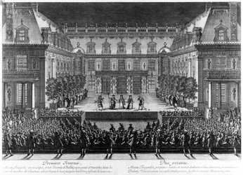 Rappresentazione, nel cortile di marmo del castello di Versailles, di "Alceste" di Jean Baptiste Lully (Giovanni Battista Lulli) (1632-1687) per le celebrazioni date in occasione della rinascita della Franca Contea (1674). Incisione di Le Pautre