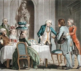 Il conte de Vaux (1705-88) offre cibo e bevande a un contadino, inciso da Jean Baptiste Morret (fl.1790-1820)