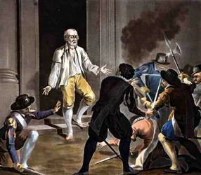 La morte di Gaspard de Coligny, inciso da Jean Baptiste Morret (fl.1790-1820) 1788